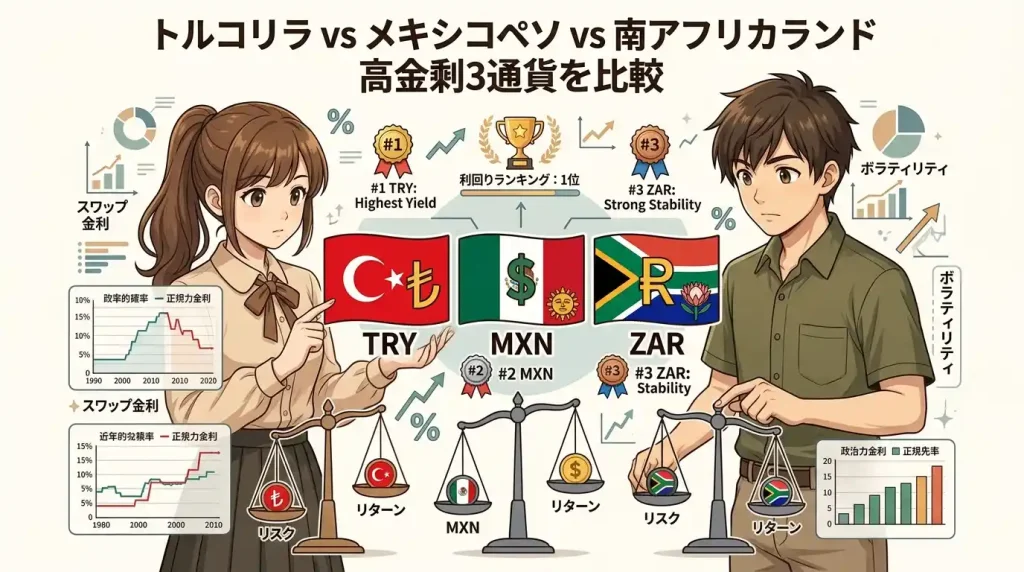 トルコリラ vs メキシコペソ vs 南アフリカランド｜高金利3通貨を比較