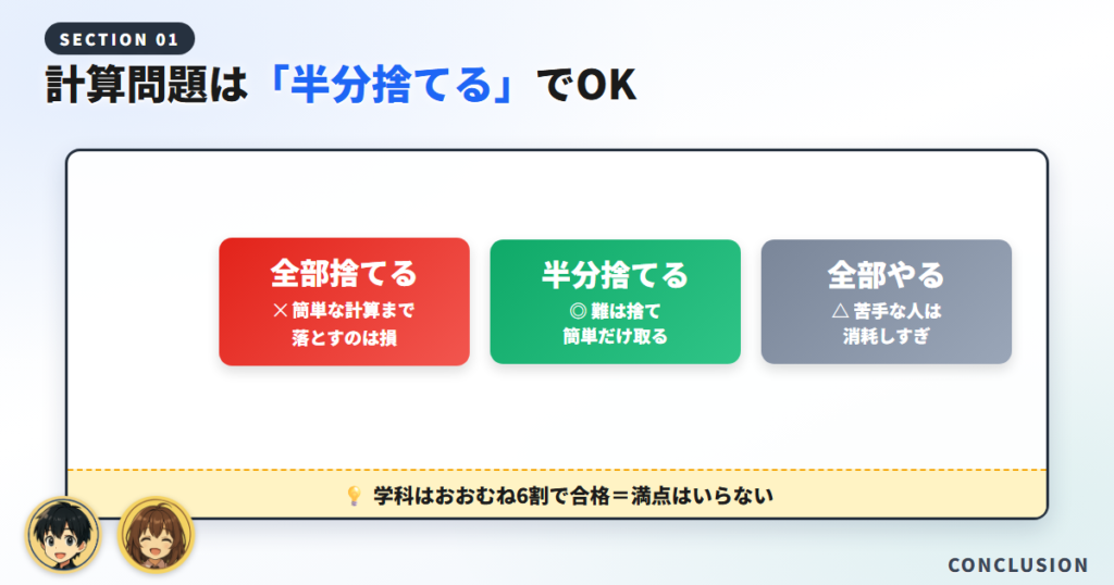 結論：計算問題は「全部は捨てない・半分捨てる」でOK