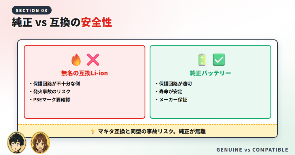 【最重要】純正 vs 互換バッテリーの安全性