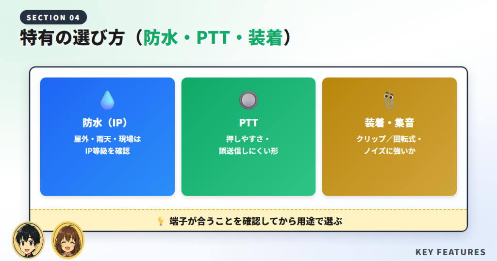 スピーカーマイク特有の選び方（防水・PTT・装着）