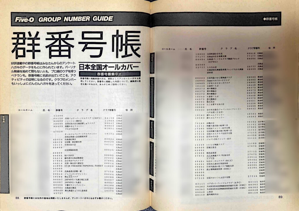 クラブ名と群番号が並んだ群番号帳のページ