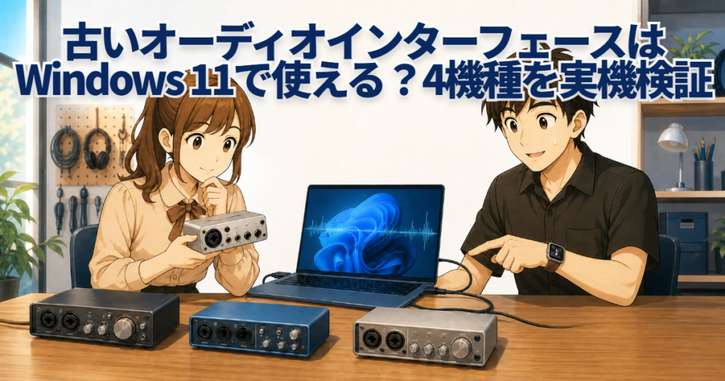 古いオーディオ機器4台とWindows 11パソコンを確認する男女