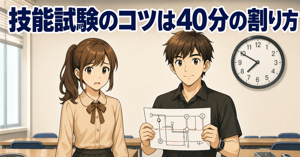第二種電気工事士の技能試験に向けて配線図を持つ受験者と、会場の壁にかかる掛け時計