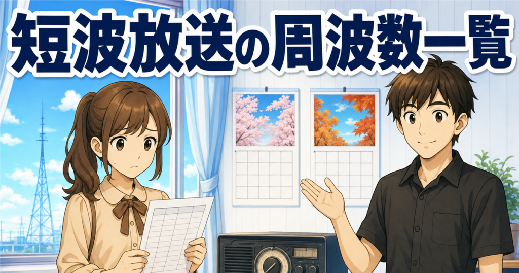 周波数一覧を見ながら受信機のダイヤルを合わせても入らずに困っている女性と、説明する男性