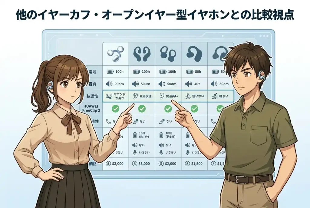 他のイヤーカフ・オープンイヤー型イヤホンとの比較視点