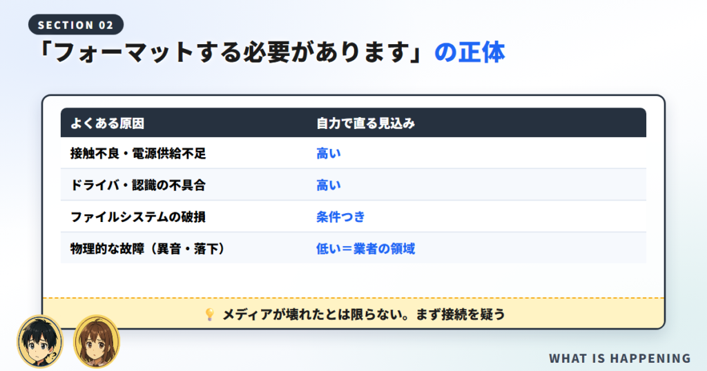 フォーマットする必要がありますが表示される4つの原因と、自力で直る見込みの一覧表