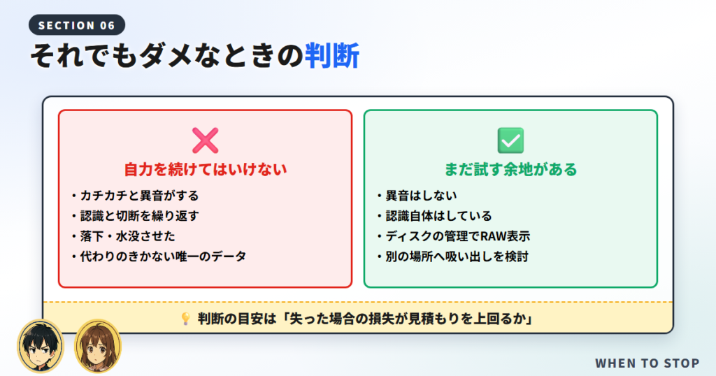 異音や落下があるときに自力の対処をやめて業者へ相談する判断基準の対比図