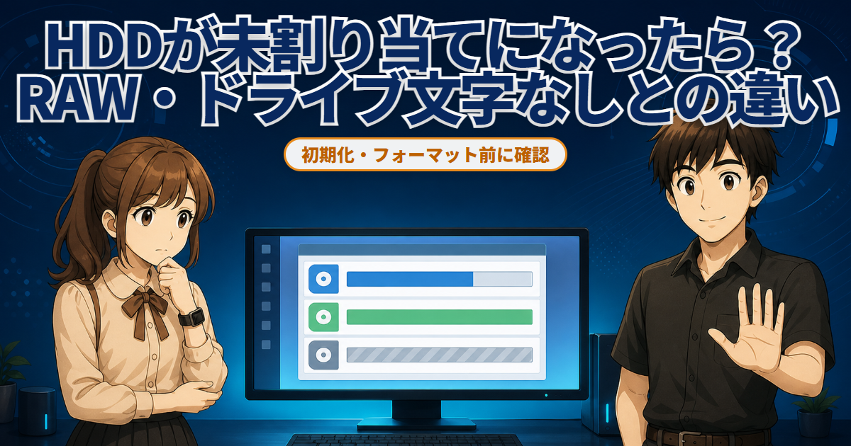 ディスク管理画面を前に初期化を止める男性と戸惑う女性