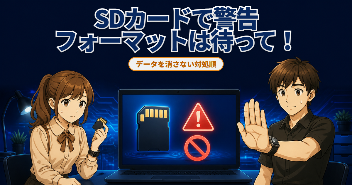 SDカードのフォーマット警告を前に操作を止める男性と困る女性