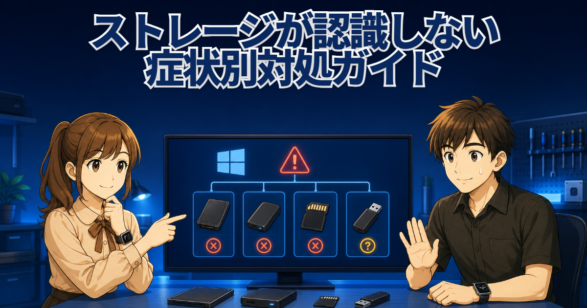 SSD・HDD・SDカード・USBメモリの認識状態を確認する男女