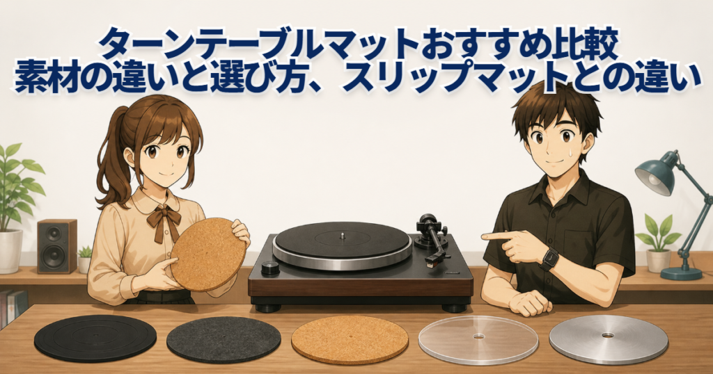 ターンテーブルマットの素材見本を前に比較する男女とレコードプレーヤー