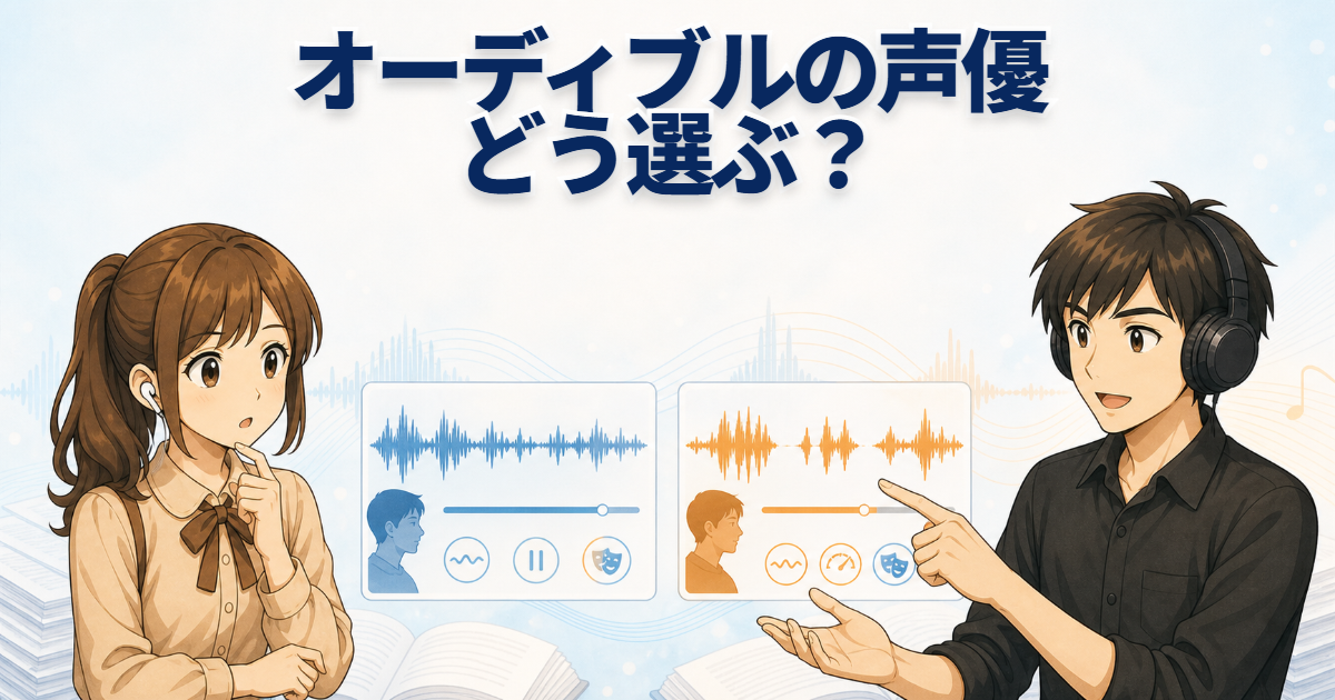オーディブルの声優を、2つの音声波形を見比べながら選ぶ男女