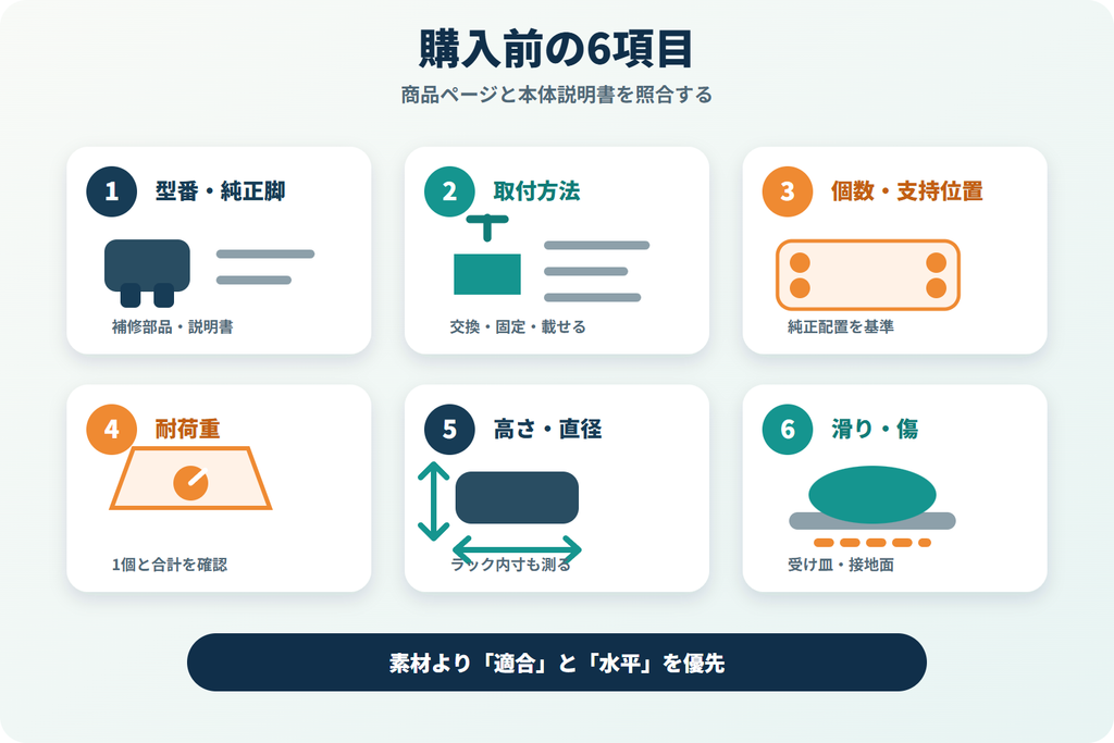本体型番・取付方法・支持位置・耐荷重・寸法・接地面の購入前6項目を示した図解