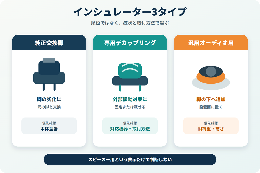 純正交換脚・専用デカップリング・汎用オーディオ用の3タイプを並べた比較図