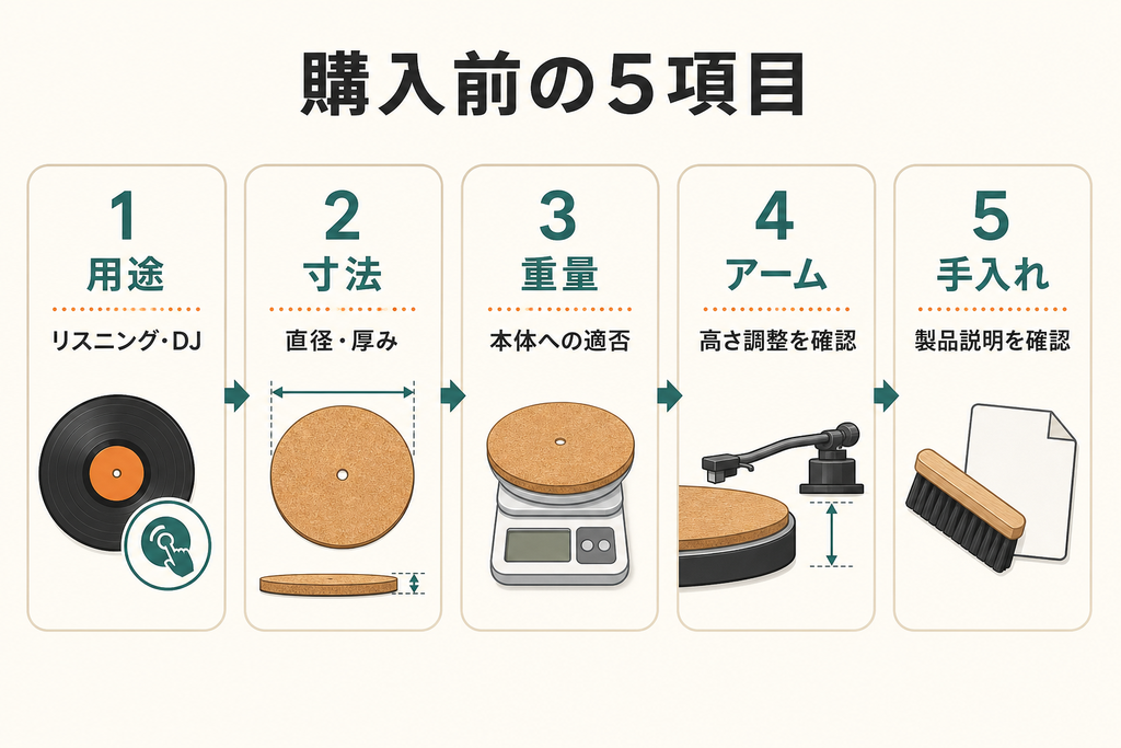 用途・寸法・重量・アーム調整・手入れの購入前5項目を順番に示した図解