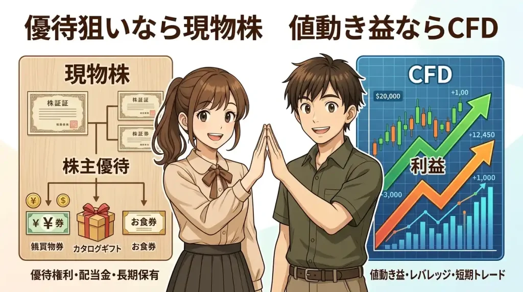 優待狙いなら現物株、値動き益ならCFD｜目的別の使い分け