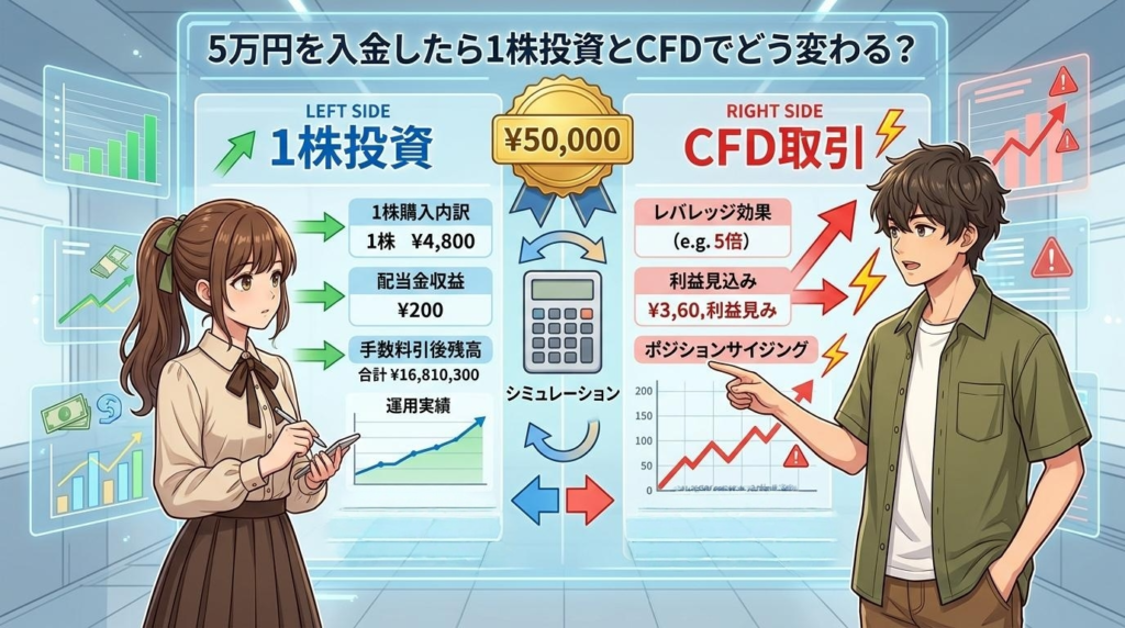 【シミュレーション】5万円を入金したら1株投資とCFDでどう変わる？
