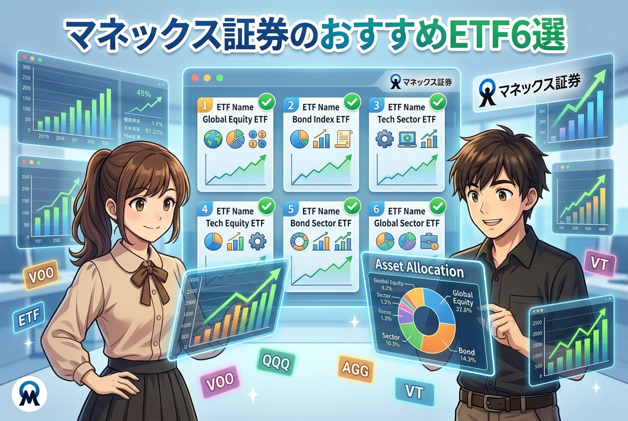マネックス証券のおすすめETF6選|手数料実質無料で買える定番銘柄を初心者向けに解説