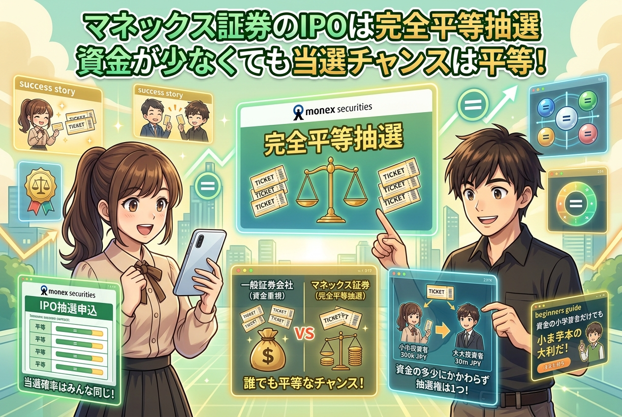 マネックス証券のIPOは完全平等抽選｜資金が少なくても当選チャンスは平等【始め方も解説】