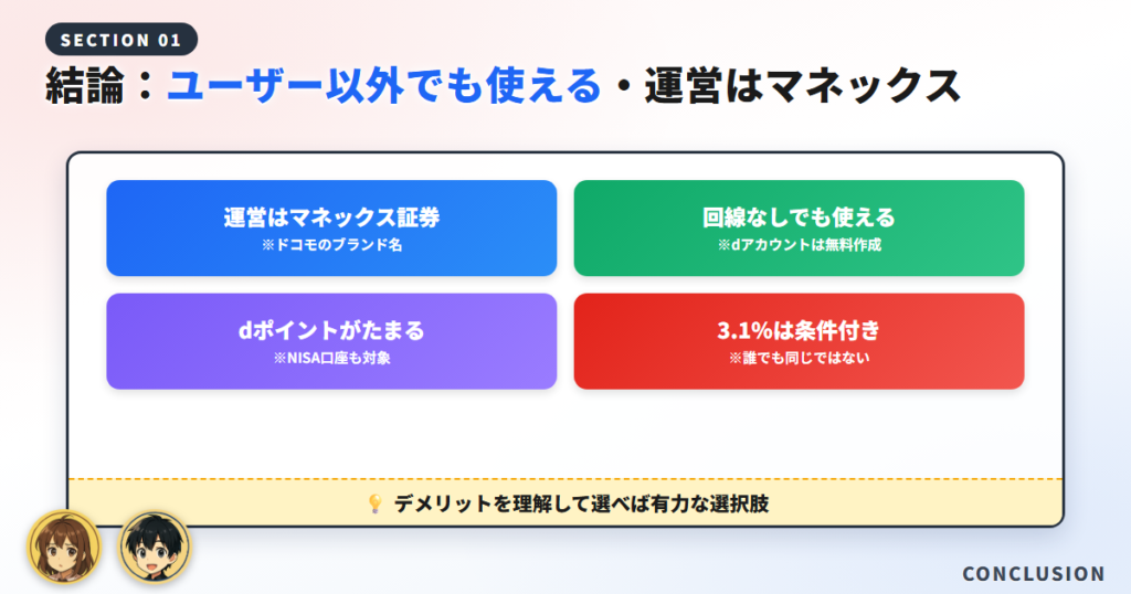 結論：ドコモユーザー以外でも使える。運営はマネックス証券
