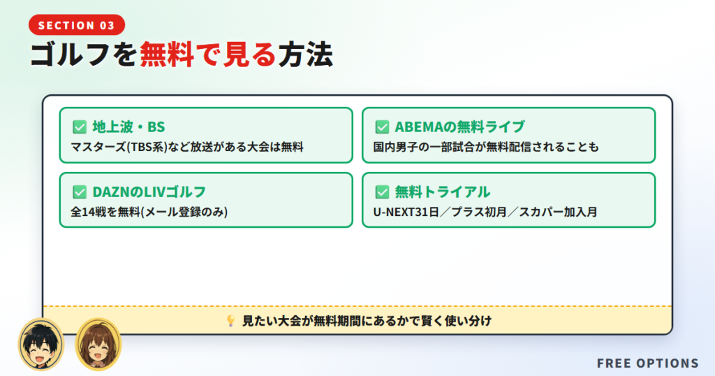 ゴルフ中継を無料で見る方法はある？